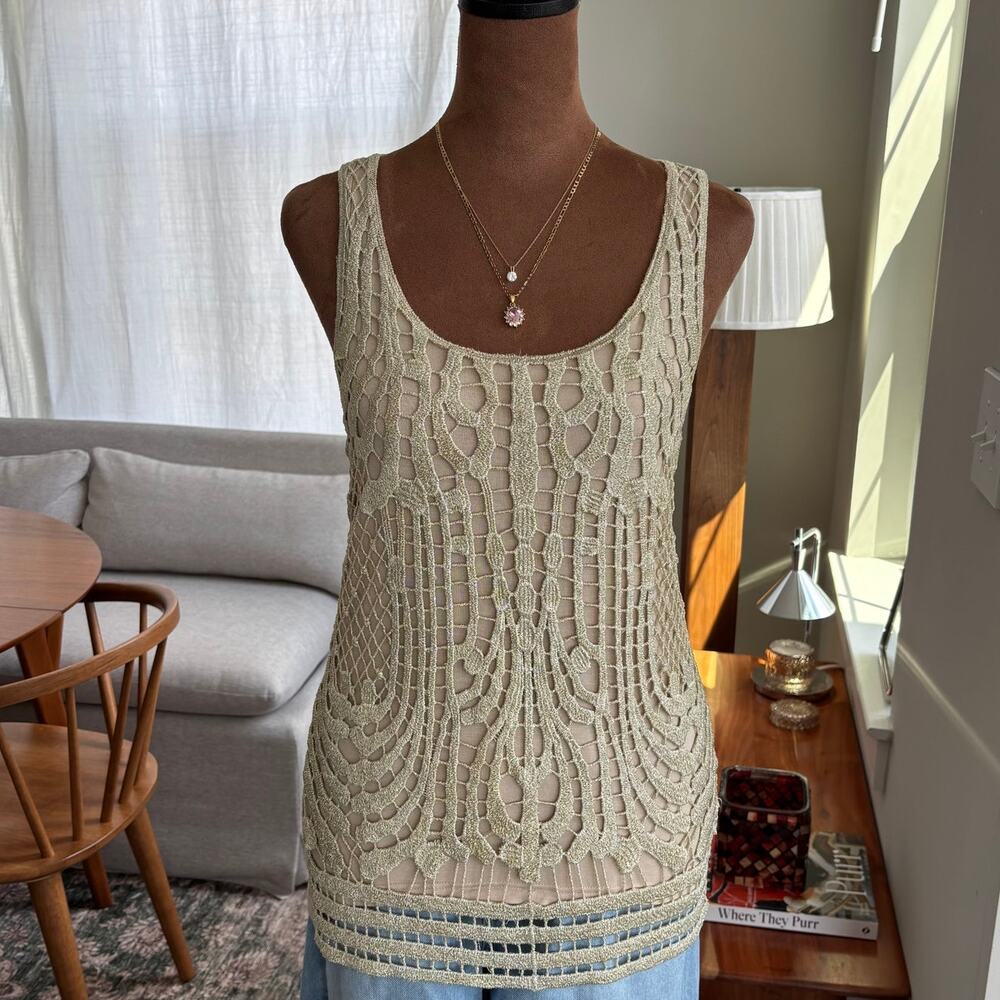 2000s Jon Den Metallic Gold Crochet Overlay Knit Tank Top Summer Glam Medium